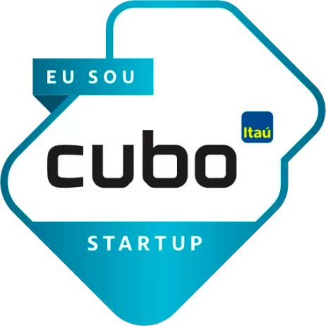 The image proudly shows the "Eu sou Cubo Startup" certificate, recognizing the venture as a Cubo member startup.